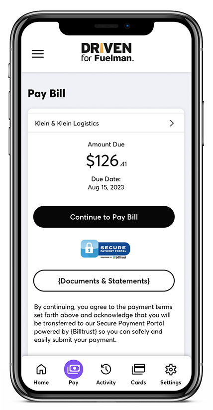 Bill payment screen preview